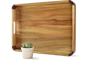 OurMiao 22 Inches Acacia Wood Serving Tray with Handles, Large Wooden Rectangle Ottoman Tray, Nice Home Decor for Living Room Coffee Table Couch, Ideal Size for Serving Food Breakfast BBQ Party