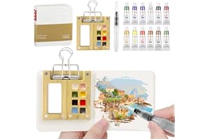 HLAYSHING Mini Watercolour Paint Set,Pocket Artist Watercolour Travel Set,8 Grids Wood Pocket Artist Palette Kit,12 Colors water Colour Paints Sets,Sketchbook Brush Watercolour for Painters,Artists and Student