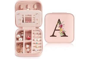 SINEKONG Scatola Portagioie da Viaggio Portagioie con Iniziale A e Fiore Mini Porta Gioielli Donna Portagioielli Piccoli con Specchio Ragazza Regalo per Compleanno Anniversario Natale