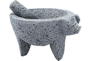 YOPIDO 9 inch Molcajete Mortar and Pestle with Pig Design, Mexican Handmade with Lava Stone Ideal as Herb Bowl, Spice Grinder, Volcanic Stone