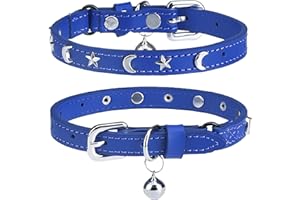 DILLYBUD Lederhalsband für Katzen mit Glöckchen und Sicherheits-Elastikeinsatz – Personalisierbar mit Stern- und Mond-Studs, verstellbare Sicherheitsverschluss-Halsbänder für kleine und große Katzen