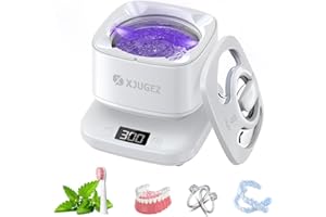 XJUGEZ Pulitore Ultrasuoni, 180ml Pulizia Ultrasuoni Efficiente a 360° 42KHz 24W Lampada UV Lavatrice Ultrasuoni per Protesi, Allineatori, Fermi, Monete, Testine di Spazzolini da Denti, Bianco
