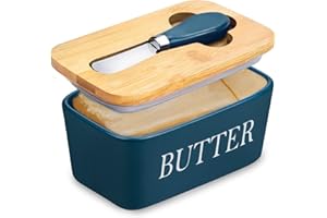 CHENEVER Burriera in Ceramica, Portaburro con Coperchio in Legno e Coltello da Burro, Capacità del Porta Burro 600ml, Grande Vassoio per burro (Verde)