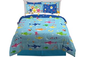 Franco Juego de edredón y sábanas con Funda de Almohada, Microfibra, tiburón bebé, tamaño matrimonial de 7 Piezas