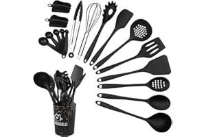 Maxentico Ustensiles de Cuisine(18Pcs), Silicone Ensemble Avec Pot de Rangement, Kitchenware Ustensile Set, Kitchen Utensils Kit Noir, Antiadhésive Anti-Rayures et Résistante à La Chaleur