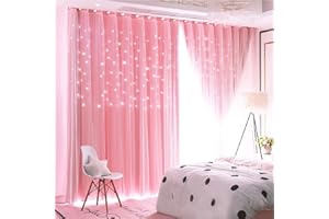 Lanqinglv Star Blackout Curtains with Nets,Pink Star Panels Nursery Double Layer Window Curtains for Kids Girls Room Bedroom Living Room Decoration,2 Panels,W 52 in x L 63 in