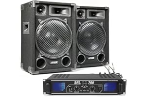 SKYTEC Max SP12 Passive PA System - Complete DJ Disco Karaoke Speaker Kit with SPL700 Amplifier, 12-Inch 700W Speakers, Cables Included - Ideal for Events and Parties