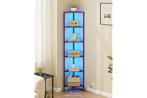 TUTOTAK Corner Shelf with LED Light, 6-Tier Corner Bookshelf for Small Space, Narrow Display Corner Shelf Stand with Storage Rack, for Living Room, bedroom, Black BS05BK006LEU