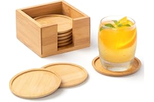 Rainsworth Dessous de Verre en Bois, Set de sous Tasse avec boîte, sous Verre Ronds pour Boissons, bière, Verre, Tasses, Bougies, lavables, Dessous de Table Déco Cadeaux (8 pièces, 10cm, Bois)