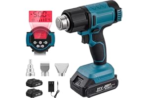 Dibaful Pistolet à air chaud sans fil 200 ℃ 300 ℃ avec 2 batteries 21 V LCD affichage numérique 3 buses | Pistolet à air chaud électrique Chauffage rapide pour dépeindre, souder et rétrécir