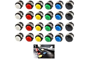 CAISYE Mini Momentary Push Button Schalter, 24 Stück Rund Drucktaster 16mm, Selbstzurückstellend Mini Taster, Rot Grün Gelb Blau Weiß Schwarz, 3A 250V AC, 2-polig für Auto, Spiele und Industrieanwendungen
