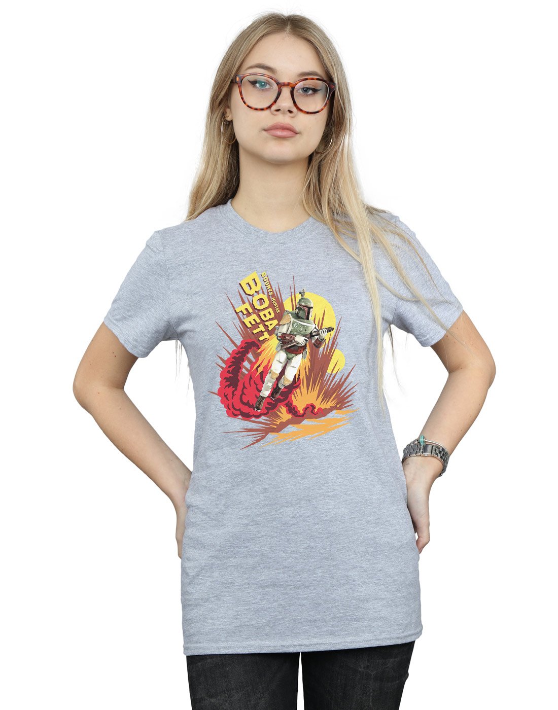 Star-Wars-Damen-Boba-Fett-Rocket-Powered-Boyfriend-Fit-T-Shirt-Sport-Grau-X-Large