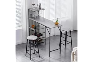 Homullel 3-Piece Bar Table Set, Breakfast Bar Table and 2 Stools Set with Wine Rack, Glass Holder, Shelves & Hooks, Counter Height Dining Table Set for Kitchen Living Room Dining Room Home Bar