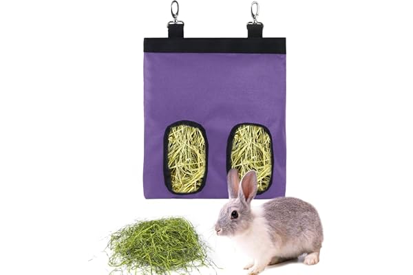 Sac de Foin Lapin Sac a Foin Cochon d'Inde Sac Distributeur de Foin mangeoire à Foin pour Lapin Chinchilla Hamster Petits Animaux (2 fenêtres, Violet)