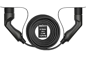 DELTACO KC017 EV-Ladekabel für E-Autos und Hybrid Fahrzeuge, Typ 2 auf Typ 2 Ladekabel mit 11 kW Ausgangsleistung bei 16A, 3-phasiges Elektroauto Mennekes Kabel, 10 Meter, schwarz