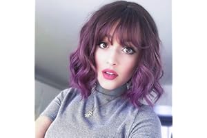 PARXITN Krótka peruka bob z grzywką, naturalne ombre, fioletowe włosy, syntetyczne włosy, kolorowe, na co dzień, na imprezę, Halloween, Cosplay, falowane, kręcone peruki dla kobiet