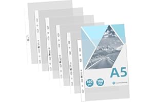 Agoer A5 Punched Pockets 100PCS, 160 Micron [Heavy Duty] A5 Plastic Wallets, 7 Hole Clear Plastic Sleeves Top Opening,Frosted Poly Pockets Document for 2/3 Ring Binders,School, Office, Home