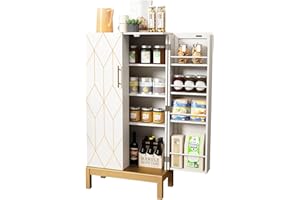 ‎HOLTICO HOLTICO Küchenschrank Wohnzimmerschrank Badschrank Mehrzweckschrank Weiß mit verstellbarem Regal,Schrank freistehend für Küche,Badzimmer,Wohnzimmer,goldene Linien und Beine