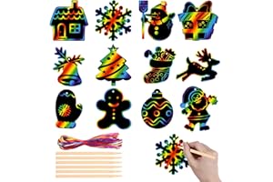 KEYIDO 48 Stück Kratzbilder Weihnachten Kratzblock Weihnachten Basteln Kratzpapier für Kinder mit 24 Holzstäbchen und 48 Bunte Bänder für Weihnachtsbaum Deko Geschenk