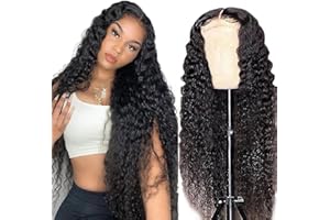 AiPliantfis Deep Wave Human Hair Wig 4x4 Echthaar Perücke Damen Natural Black Glueless Human Hair with Natural Hairline Free Part Bleached Knot Brazilian Remy Hair 20 Zoll