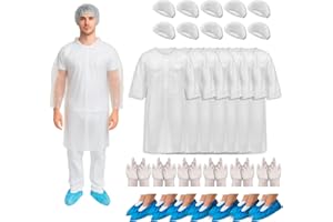 XARA 100 Cappellini Monouso Regolabili + 100 Copriscarpe Impermeabili + 100 Camici Monouso in Polietilene + 100 Guanti Monouso - Confezione Ipoallergenica e Impermeabile - Pack 400