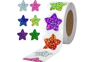 MODURIO 500pcs Smile Star Stickers for Reward Chart – 2.5M Self Adhesive Shiny Star Stickers Roll for Students – Sparkly Incentive Star Sticker for Teacher Supplier, Waterproof Holographic Stickers