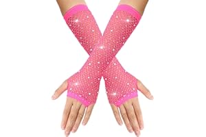 Yolev Rhinestones Long Fishnet Fingerless Gloves Sparkly Glitter Fish Net Gloves for 80s Fancy Dress Party Costume