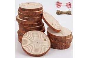 DKBT Natural Wood Slices for Crafts 24Pcs Round Wooden Discs with Holes Hanging Rope 5-6cm Unfinished Log Slices Predrilled Wooden Circles for Arts Crafts DIY Hobby Wedding Christmas Ornaments Decoration