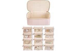 Vlando Travel Jewellery Organiser,PU Leather Jewellery Box with 12 Velvet Jewellery Pouch, Jewellery Case for Necklace,Ring, Gifts for Women, Pink-L