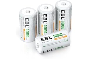 EBL D Batterie Ricaricabili ad Alta Capacità da 10000mAh 1.2V Ni-MH, D Torcia D HR20 Mono con Auto-Scarica Bassa, Confezione da 4 pezzi