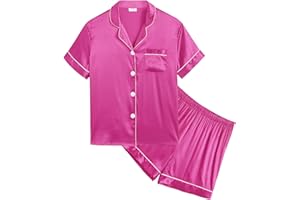 SWOMOG Kids Silk Pyjamas Girls Boys Short Sleeve Satin PJs Sets Button-Down Silky Nightwear Children Sleepwear Teens Age 4-16