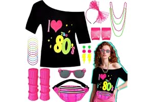 19 stycken 80-tals 90-tals outfit för kvinnor, 80-tals kostymer accessoarer set med t-shirt bältesväska pannband glasögon handskar benvärmare örhängen halsband armband för kvinnor karneval neon