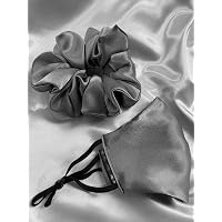 LinenBlue ® Pure Charmeuse Silk Hair Scrunchies with Matching Adjustable Mask for Women & Girls (Grey)