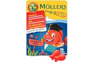 Moller’s ® | Omega 3 Pour Enfants | Huile de Poisson Omega 3 Avec DHA et EPA, Sans Gluten, Lactose ni Sucre Ajouté, et Facile à Mâcher | Saveur de Fraise | 36 Unités