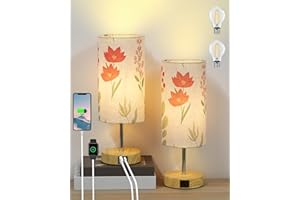 Lanmonlily Lámpara Mesita Noche Táctil 2 Piezas, Regulable 3 Niveles de Brillo, Puerto de carga tipo C+USB-A, Pantalla de lino floral con base de metal, 2 Bombillas incluidas