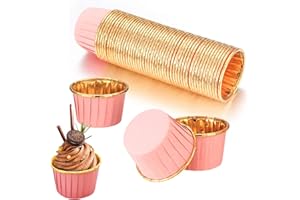 STOUCLA Caissettes à muffins, moules à cupcakes en papier, caissettes de cuisson antiadhésives, caissettes en aluminium pour cupcakes, pâtisseries, anniversaires, mariages, fêtes (rose et doré, lot de 50)