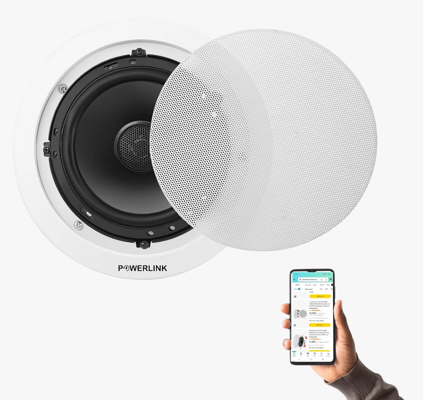Powerlink 9 Inch 30 Watt Bluetooth Flush Mount Ceiling Speaker for Home, Office, Gym, Kitchen, Home Theater, Covered Porches (Removable Metal Grill) (Pack of 1)
