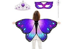 DKINY 4 Piece Kids Butterfly Wings Costume, Fairy Butterfly Cape Outfit with Mask Crown Magic Wand, Butterfly Shawl Pixie Poncho Fancy Dress Cape for 90-125cm Girls World Book Day