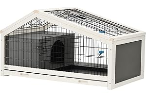 PawHut Clapier Cage à Lapin - Cage à Lapin intérieur Niche, Plateau déjection, Porte et Toit ouvrant verrouillables, Abreuvoir - Acier Noir Sapin Gris Blanc