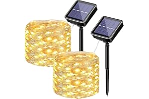 BELLALICHT Solarny łańcuch świetlny na zewnątrz, 2 x 12 m, 100 diod LED, do użytku na zewnątrz (ciepła biel), odporny na warunki atmosferyczne, 8 trybów pracy, IP65, wodoszczelny drut miedziany, łańcuch świetlny