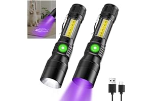 AOMEES Latarka UV LED, bardzo jasna, z akumulatorem do ładowania, zoomem, czerwone i białe światło COB, lampa robocza COB, ładowana przez USB latarka z silnym magnesem, 7 trybów, 395 nm UV do