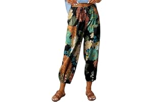 ABYOVRT Letnie spodnie damskie, lekkie, lniane spodnie 7/8, luźne spodnie rekreacyjne, szerokie spodnie haremki, talia, proste nogawki, spodnie materiałowe, spodnie do joggingu, spodnie do jogi z