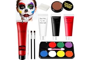 KENVORA Maquillage Blanc Noir Halloween pour Visage Kit - Palette Maquillage Makeup Professionnel Enfant Femme Adulte Avec Peinture Visage de Faux Sang, 8 Couleurs, Lavable,Latex Cicatrice, Pinceau Eponge