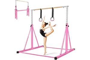 NO. 32 Foldable Gymnastics Bar, 105-155cm Height Adjustable Horizontal Bar, Training Bar for Kids Juniors, Safe & Sturdy Gym Equipment Ages 3-12, Play Bar with Easy Moving Wheels/Non-Slip Feet/Max Load 150kg