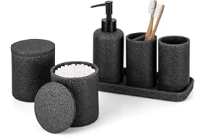 ZCCZ Black Bathroom Accessory Set 6 Pieces - Organiser With Toothbrush Holder, Lotion Soap Dispenser, Vanity Tray and 2 Qtip Holders - Modern Decor Accessories