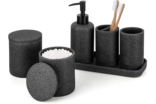 zccz Badrumstillbehör i svart, set i 6 delar, badrumsorganisatör med tandborsthållare, lotion-/tvåldispenser, sminkbordsbricka och 2 stycken hållare för bomullspads, modern badrumsdekoration