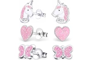 GOLDENE HUFEISEN 3 paires de boucles d'oreilles GH1a - Paillettes - Licorne + cœur + papillon en argent 925 - Pour fille - Enfants