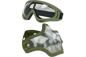 AOUTACC Maschere e occhiali da sole Airsoft, Mezza Faccia Maschera in maglia piena di acciaio e occhiali per CS/Caccia/Paintball/Tiro