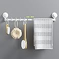 LUXEAR Suction Cup Towel Bar, Adjustable Towel Rack Holder, No Drill & Removable Bathroom Towel Holder with 5 Sliding Hooks, Wall Mounted Towel Hanger for Shower Room, Kitchen, Door, White
