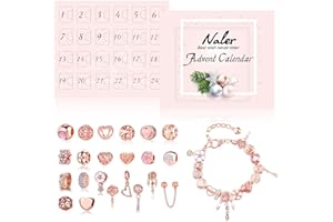 Naler Calendrier de l'Avent Bijoux 2025 Femme Fille Enfant Advent Calendar avec Bracelet Chaîne Perles Alliage DIY Cadeau Noel Ado Fille 6 7 8 9 10 11 12 Ans Rose Doré